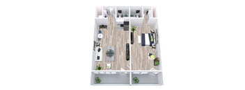 A top-down view of a house layout with a living room, kitchen, dining area, and two bedrooms.