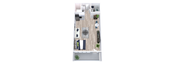 A top-down view of a small apartment with a kitchen, living room, and bathroom.