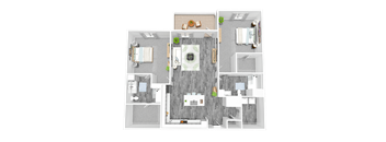 A floor plan of a house with a kitchen, living room, dining room, and bathroom.