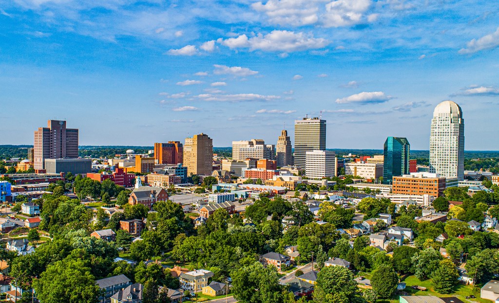 A cityscape with a mix of modern and older buildings, surrounded by greenery.