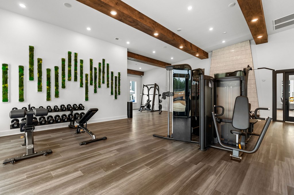 A gym with a row of dumbbells and a row of green bottles on the wall.