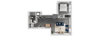 A top-down view of a small apartment layout with a kitchen, living room, and bathroom.