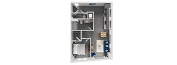 A 3D floor plan of a small apartment with a kitchen, living room, and bathroom.
