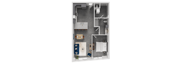 A 3D floor plan of a small apartment with a bedroom, bathroom, and kitchen.