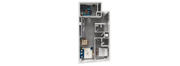 A floor plan of a small apartment with a kitchen, living room, and bedrooms.