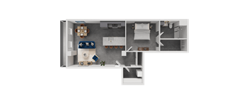 A 3D rendered image of a modern apartment layout.