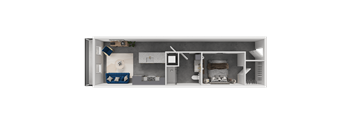 A 3D floor plan of a small apartment with a bedroom, living room, and kitchen.