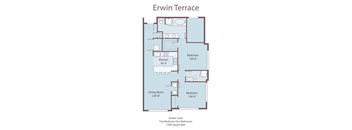 A floor plan of the Erwin Terrace apartment, showing a living room, kitchen, and three bedrooms.