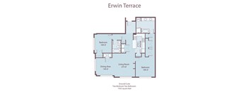 A floor plan of the Erwin Terrace, an Emerald Suite, showing the layout of the rooms and their respective sizes.