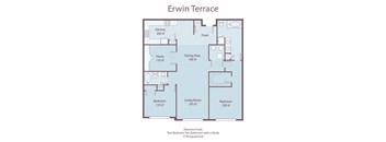 A floor plan of the Erwin Terrace Diamond Suite, showing a living room, two bedrooms, a study, a dining area, a kitchen, and a foyer.