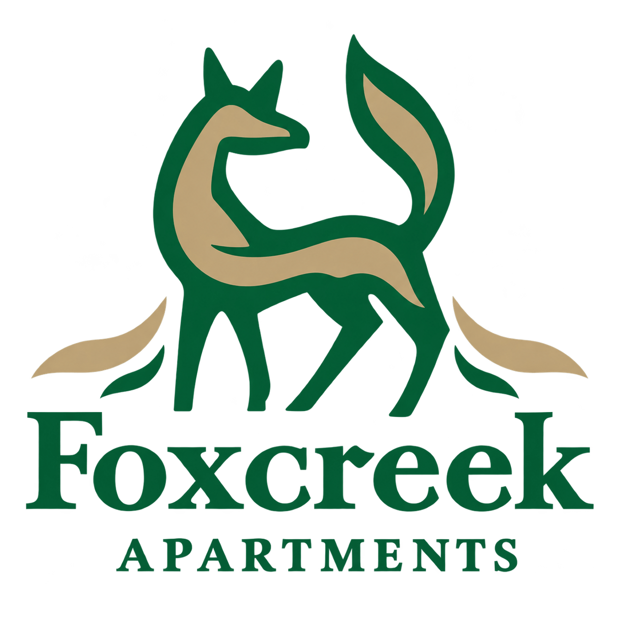 The image is a logo for Foxcreek Apartments featuring two foxes.