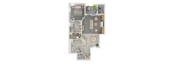 A floor plan of a house with a kitchen, living room, and two bedrooms.