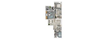 A floor plan of a house with a kitchen, living room, and two bedrooms.