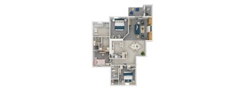 A floor plan of a house with a kitchen, living room, dining room, and two bedrooms.