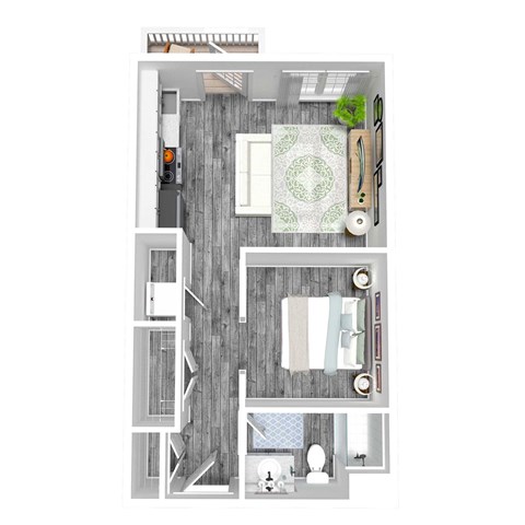 A top-down view of a bathroom with a toilet, sink, and mirror.