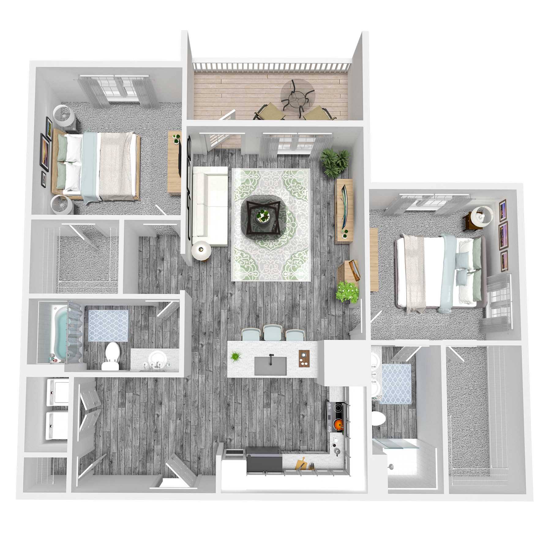 A top-down view of a house layout with a kitchen, living room, and bathroom.