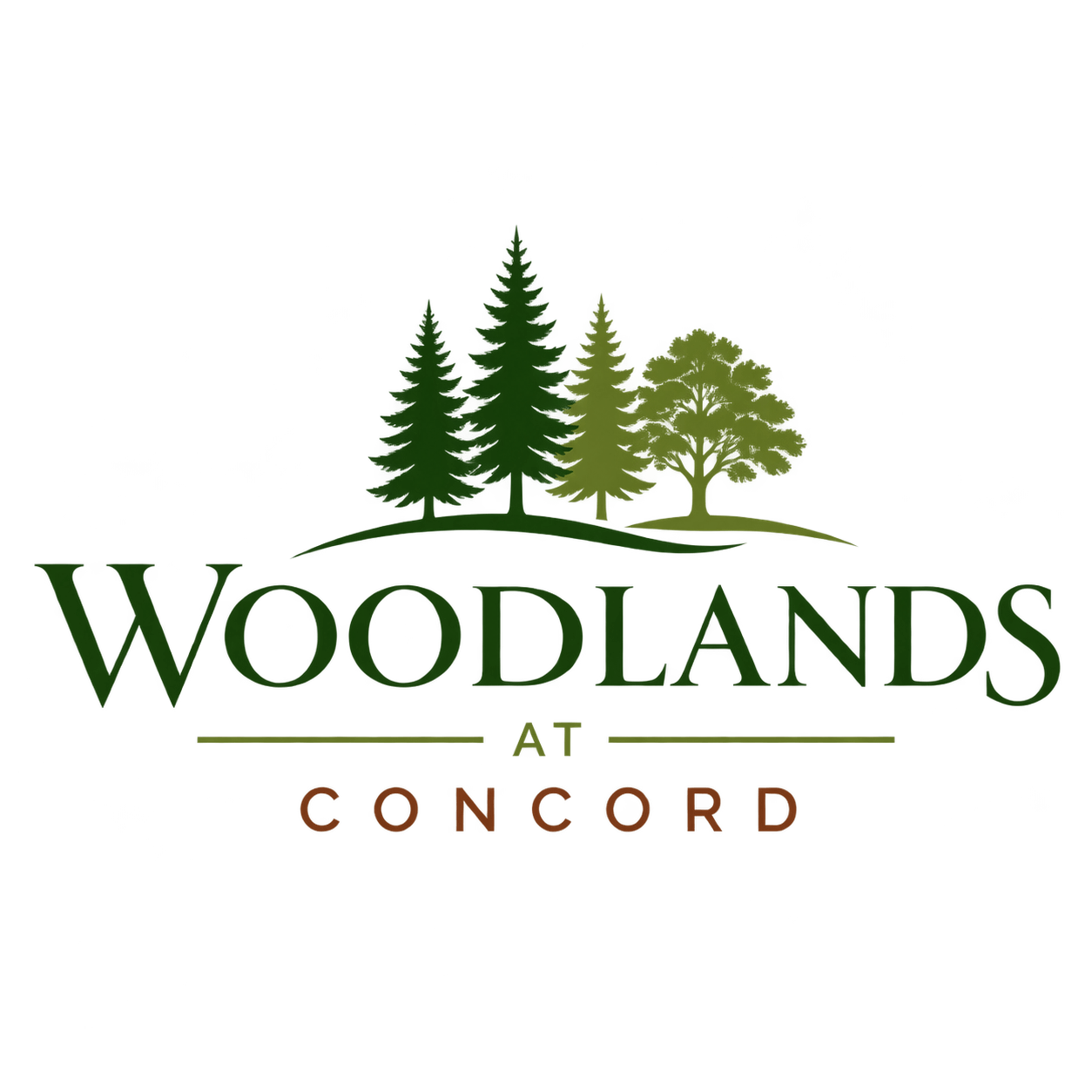 A logo with the words "Woodlands at Concord" and three trees.