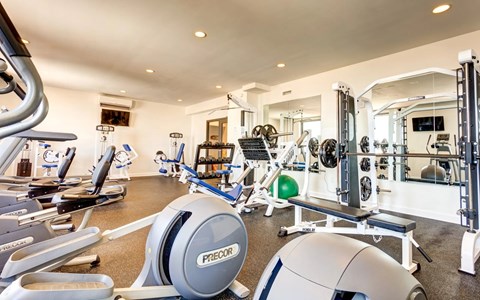 A gym with a variety of equipment including a Precor machine.