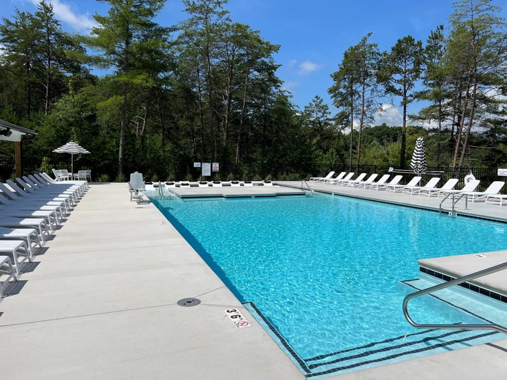 3-Bedroom Garden-Style Apartments In Weaverville, NC - Highline North - Resort-Style Salt Water Pool With Plenty Of Lounge Chairs And Umbrellas Surrounded By Tall Trees