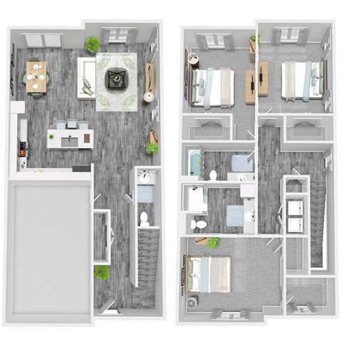 A floor plan of a two-story house with a kitchen, living room, and bedrooms.