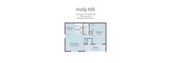 A floor plan of a one bedroom, one bathroom apartment named Holly Hill.