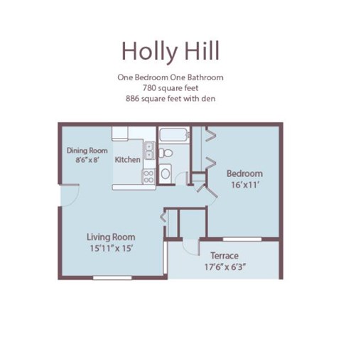 A floor plan of a one bedroom, one bathroom apartment named Holly Hill.