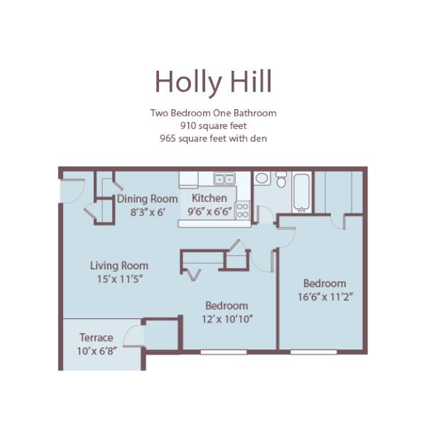 A floor plan for a two bedroom, one bathroom apartment.