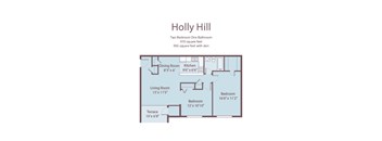 A floor plan for a two bedroom, one bathroom apartment.