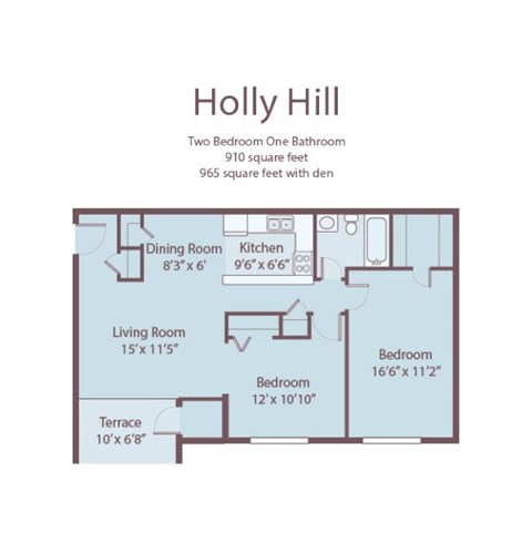 A floor plan for a two bedroom, one bathroom apartment.