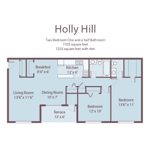 A floor plan of a two bedroom apartment with a living room, dining room, kitchen, terrace and bathroom.