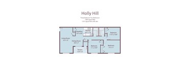 A floor plan of a three bedroom, two bathroom apartment.