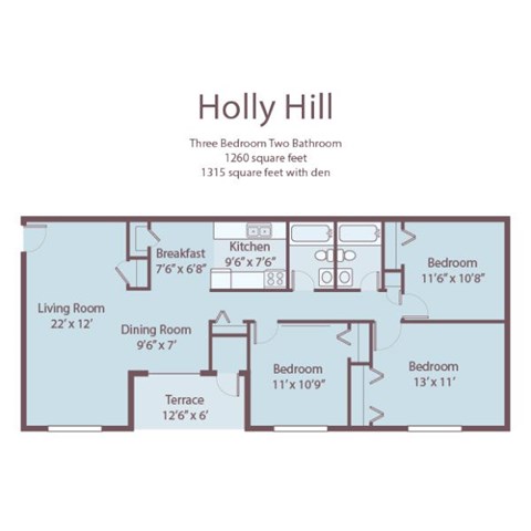A floor plan of a three bedroom, two bathroom apartment.