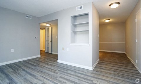a empty living room with wood flooring and a closet