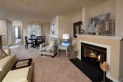 A living room with a fireplace and a chair.