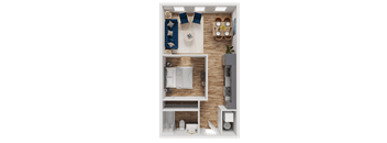 A small apartment with a bedroom, living room, and kitchen.