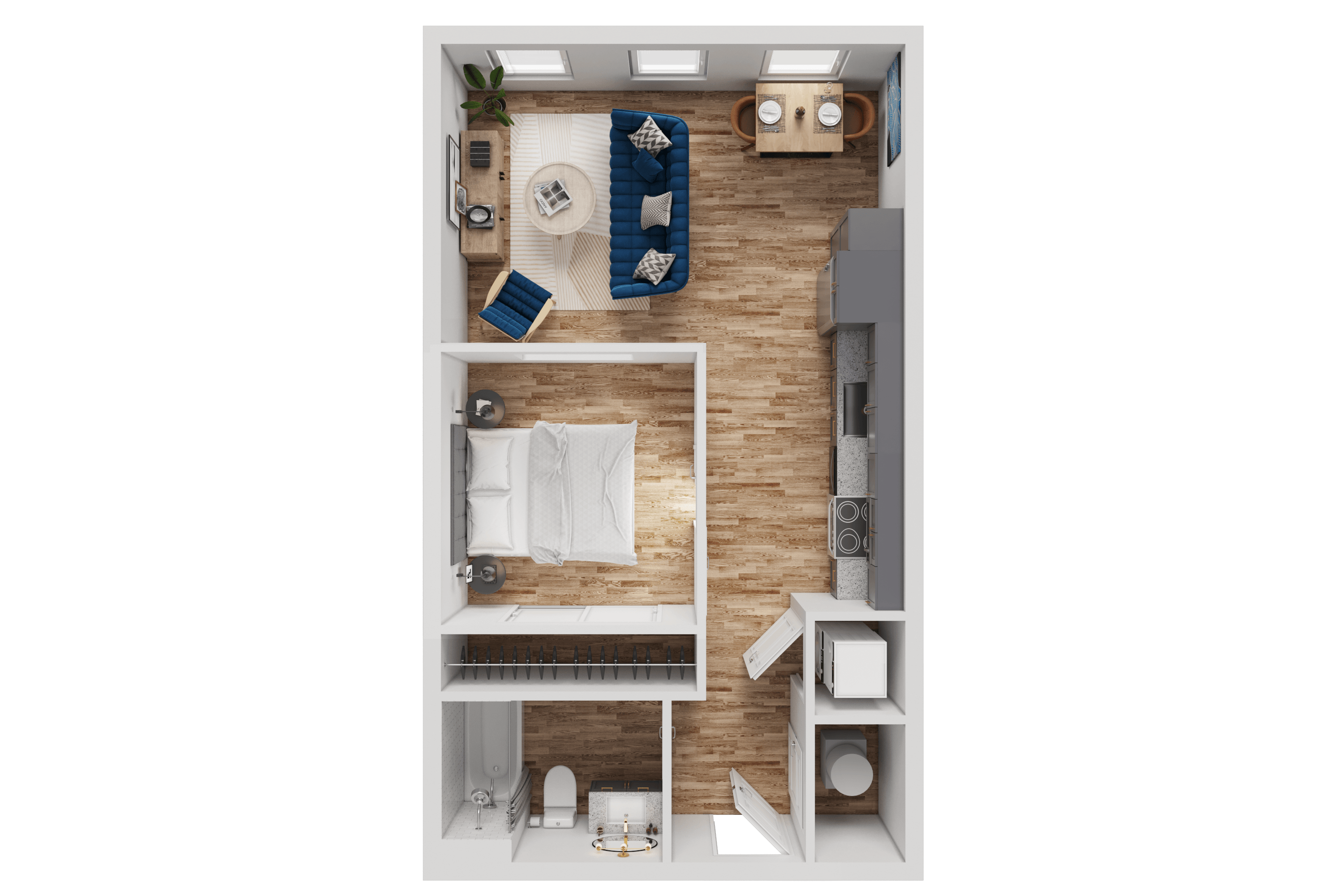A top-down view of a small apartment with a bed, desk, and kitchenette.