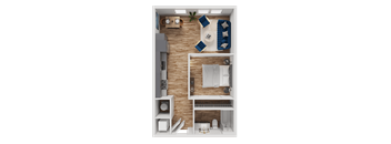 A top-down view of a small apartment with a bedroom, living room, and kitchen area.