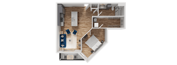 A top-down view of a house layout with a kitchen, living room, and dining area.
