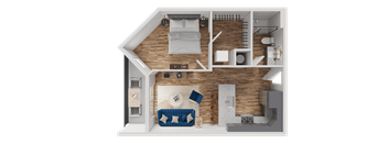 A 3D rendered image of a modern apartment layout.