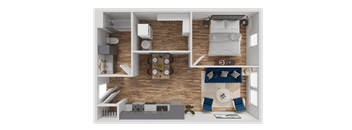 A 3D rendered image of a modern apartment layout.