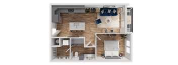 A top-down view of a small apartment with a bedroom, living room, and kitchen.