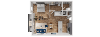 A 3D floor plan of a small apartment with a living room, kitchen, and bedroom.