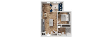A top-down view of a small apartment with a kitchen, living room, and bathroom.