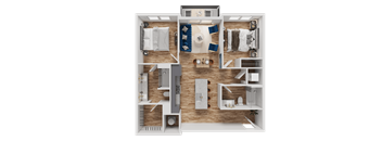 A detailed 3D floor plan of a small apartment layout.