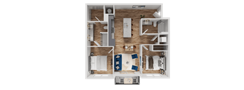 A top-down view of a small apartment layout with a kitchen, living room, and bedrooms.