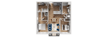 A top-down view of a small apartment with a kitchen, living room, and bathroom.
