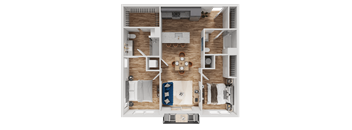 A top-down view of a small apartment layout with a kitchen, living room, and bedrooms.