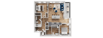 A top-down view of a well-organized apartment layout.
