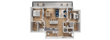 A 3D floor plan of a house layout.