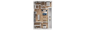 A 3D floor plan of a small apartment with a kitchen, living room, and bathroom.